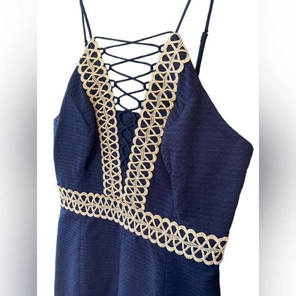 Lilly Pulitzer Sz 00 Navy Blue Gold Embroidery Trista Shift Lace-Up Dress - Picture 3 of 8